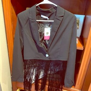 Black half blazer with fringe detail.